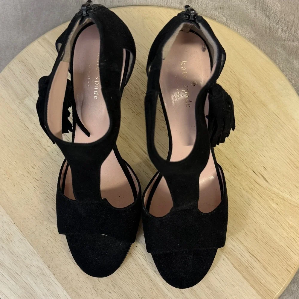 Kate Spade Sala Black Suede T-Strap Tassel Heels Sandals 10 M Made in Italy